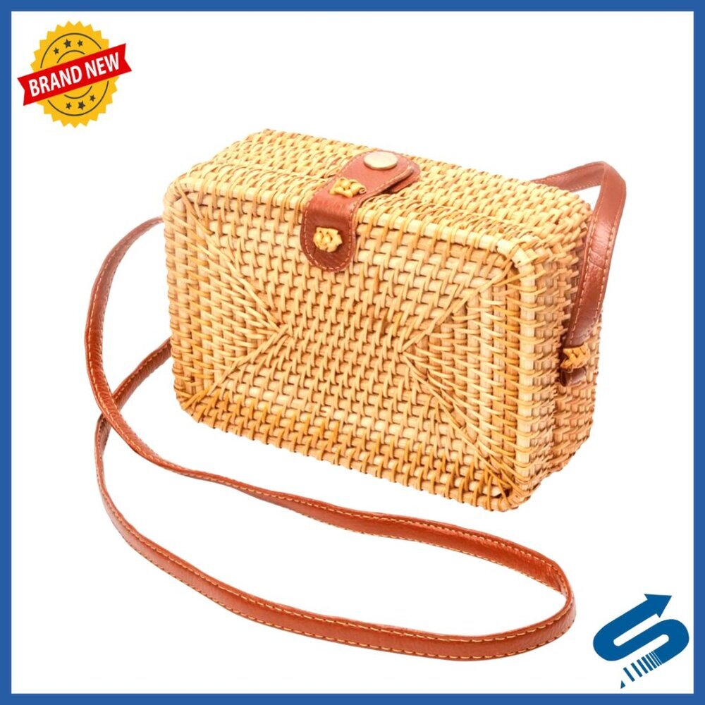 Round Rattan Crossbody Bag Handwoven Wicker Straw Purse Women's Summer